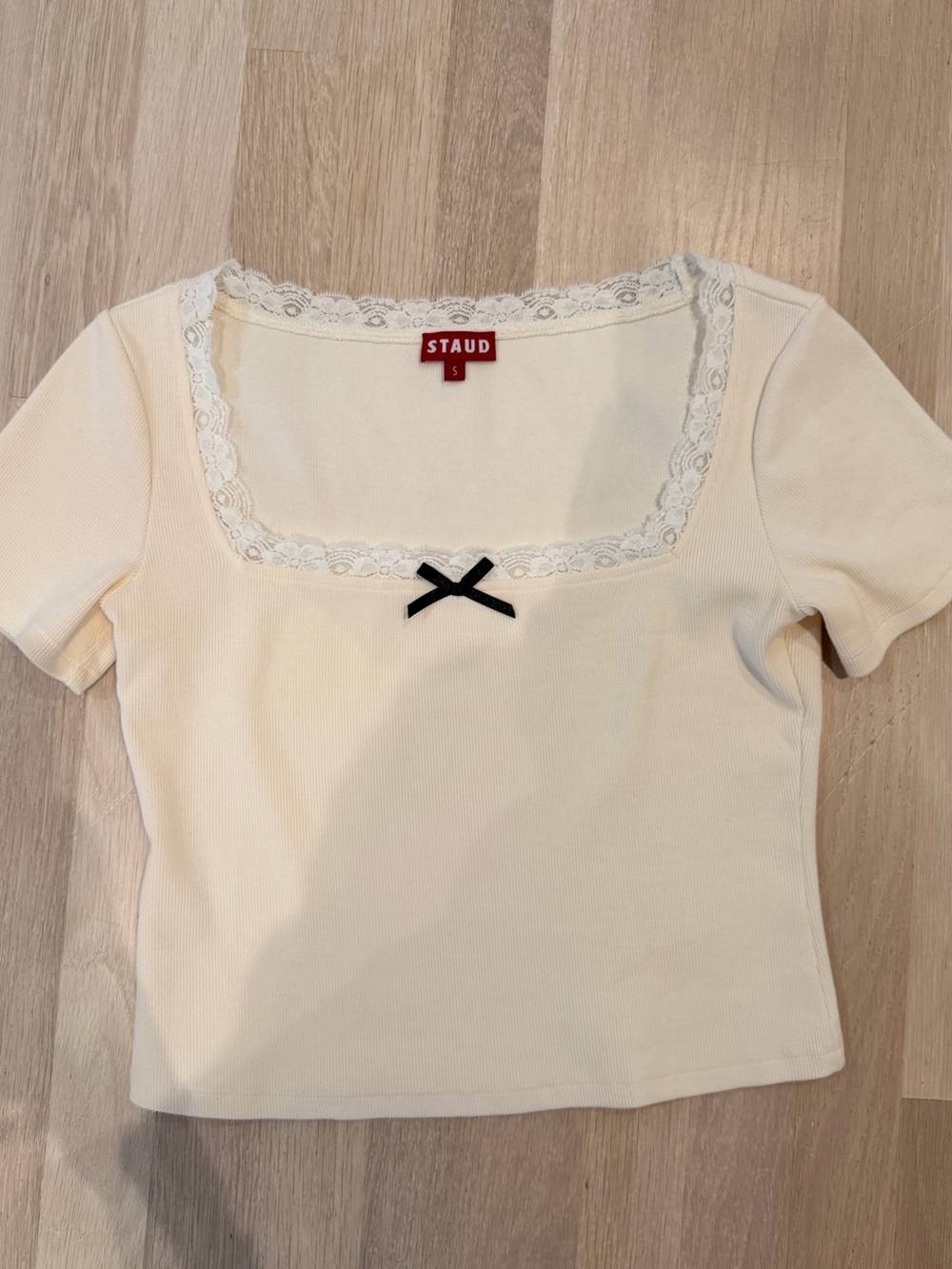 STAUD Cream Lace-Trim Square Neck Crop Top with Black Bow